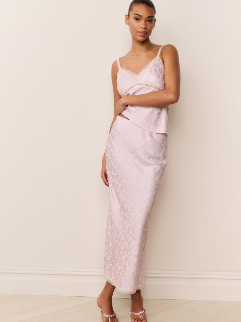LoveShackFancy Kalo Silk-Blend Bow Jacquard Maxi Skirt Orchid Ice XXS